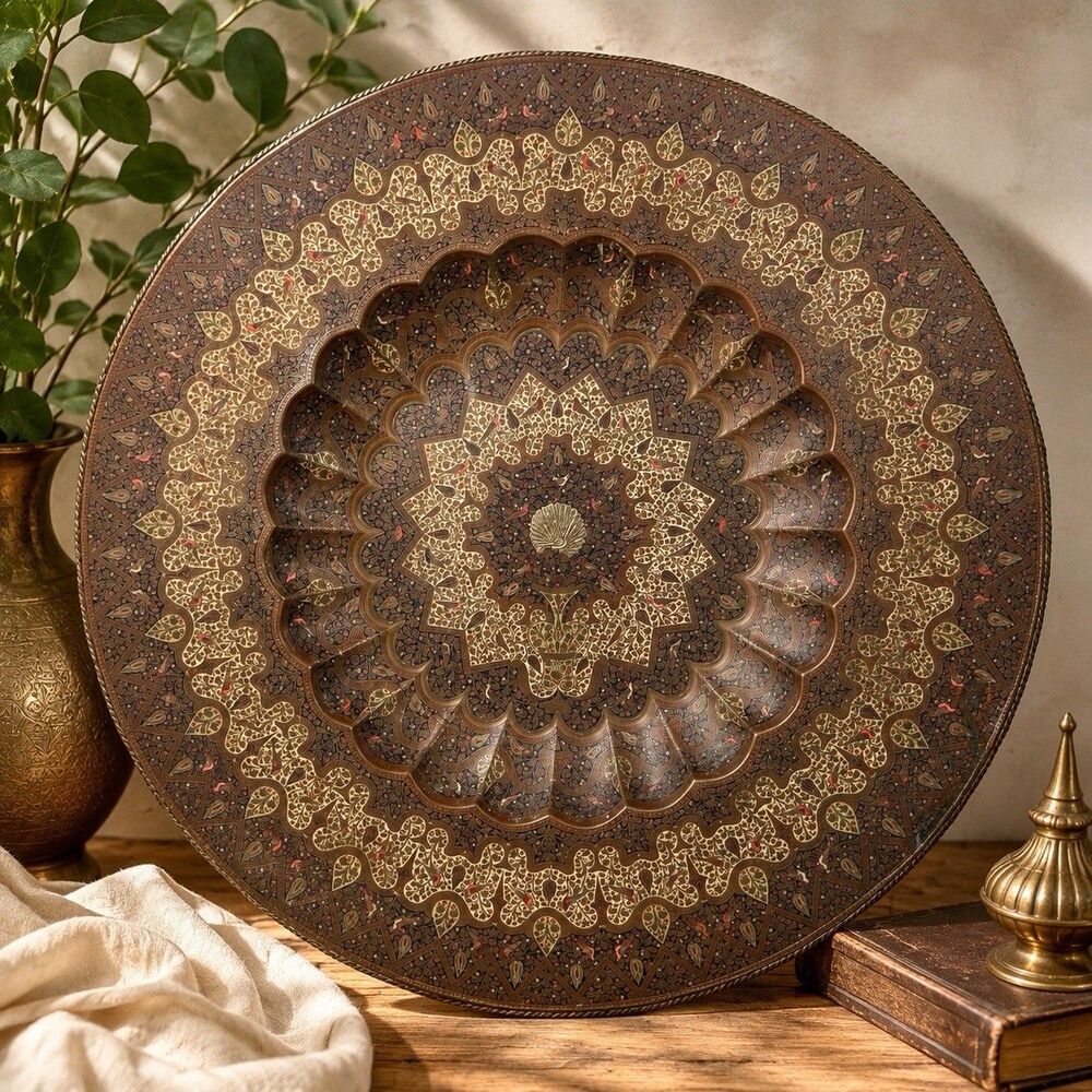 Vintage Persian Style Hand Engraved Brass Charger Tray Peacock Birds Floral 19”